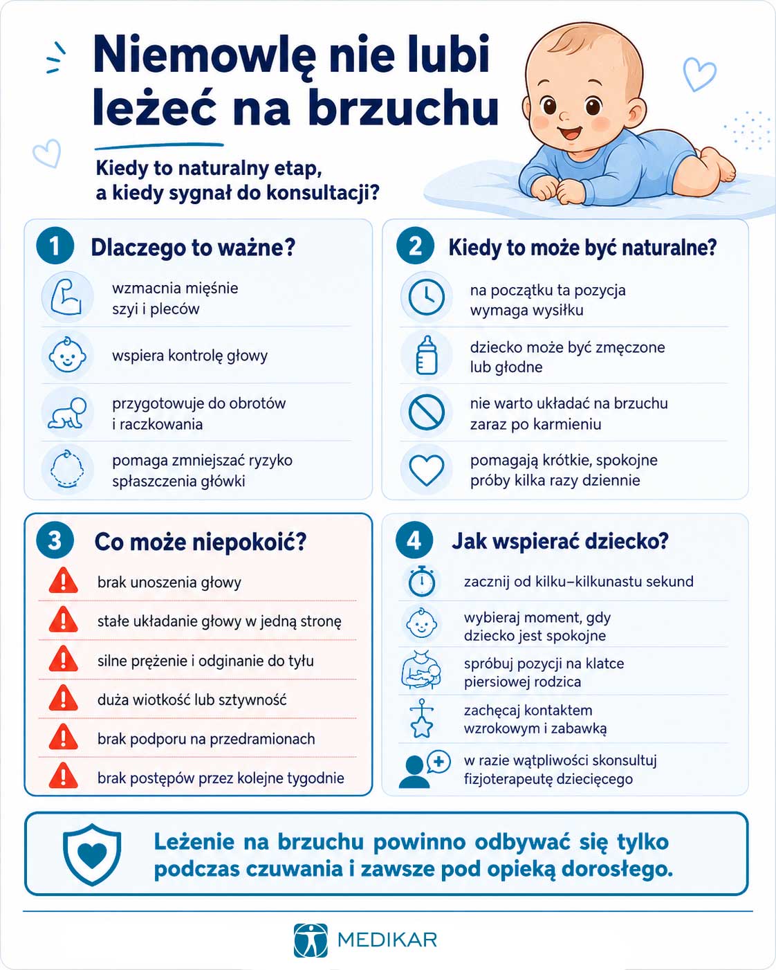 niemowlę nie lubi leżenia na brzuchu infografika